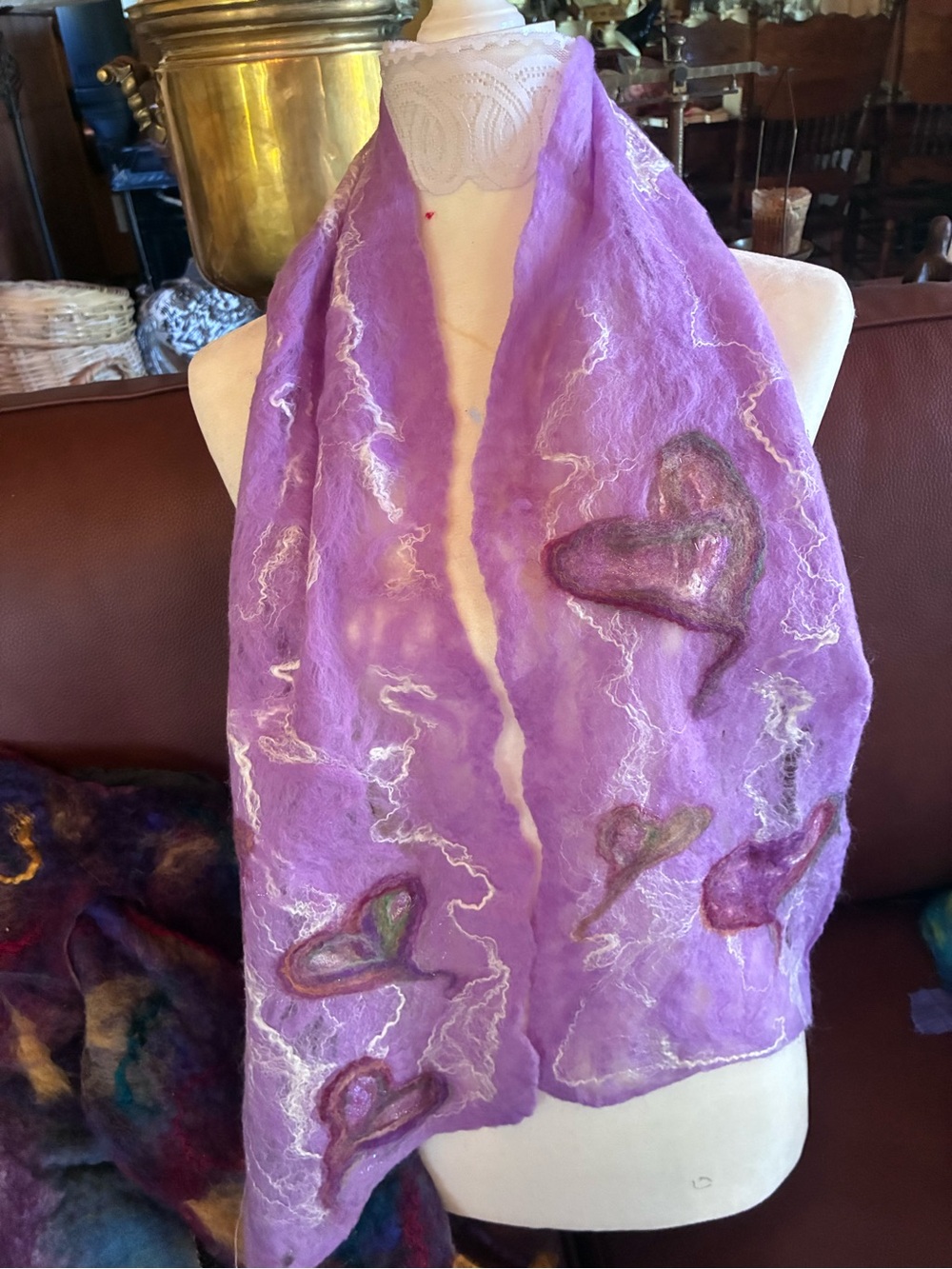 HANDMADE BY SELLER Handmade Lavender wet Felted Wool Scarf with Heart Accents